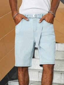 Manfinity Roghcode 男式宽松口袋喇叭腿休闲牛仔百慕大短裤 - 淺色水洗藍 - 查看 1