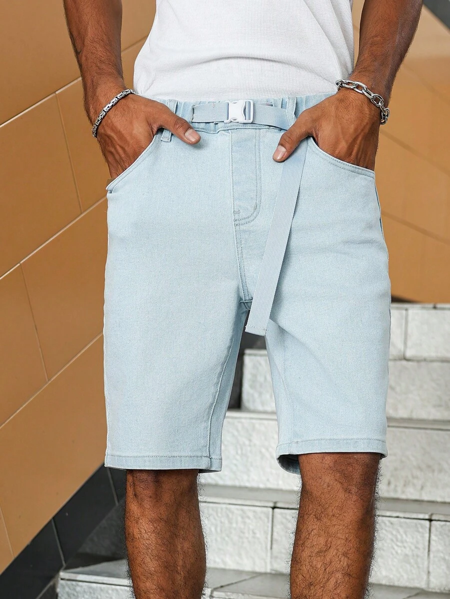 Manfinity Roghcode 男式宽松口袋喇叭腿休闲牛仔百慕大短裤 - 淺色水洗藍 - 查看 1