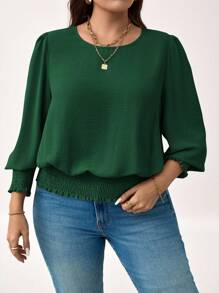 SHEIN LUNE Áo cánh tay phồng màu trơn cỡ lớn đơn giản và thời trang cho ngày lễ năm mới - Màu xanh lá cây đậm - Xem 1