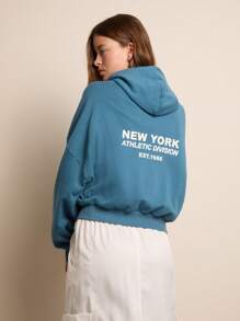 Nöista Casual Women's Outfit Solid Front Pockets Full Zip Up Sweatshirt Long Sleeve Logo Printed Loose Fit Lightweight Fabric Summer Spring - Blue - View 2