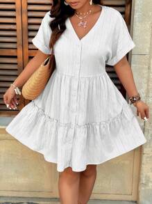 Breezaya Plus Size V-Neck Textured Drop Shoulder Ruffled A-Line Midi Dress Women Plus Sun Dress Women Short Dresses Summer Women Summer Clothing Women S White Dress Work Summer Dresses