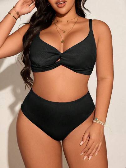 Swim Basics Plus Size Women 2 Pieces Solid Color Twist Knot Tie Front Tankini Bikini Set Set For Summer Beach Vacation