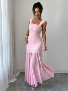 Elenzga Robe longue élégante femme pratique et décontractée, charmante pour les vacances, la remise des diplômes, les festivals de musique. Robe femme douce à fines bretelles, avec ceinture à la taille, jupe évasée et empiècements en maille, couleur unie - Rose pâle - Voir 4