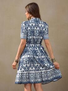 Wildy 波西米亚风青花瓷印花中长连衣裙，夏季