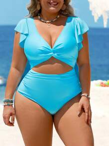 SHEIN Swim Curve 大码女式夏季纯色面料扭纹前交叉设计荷叶边褶皱遮肚露背连体泳衣 - 彩色 - 查看 5