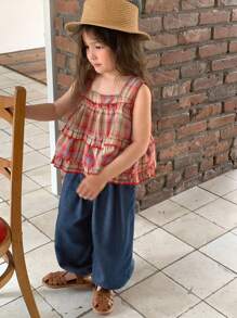 DAZY Completo vestaglia con volant a quadri e pantaloni a zampa di lanterna, per ragazze di taglia piccola, estivo