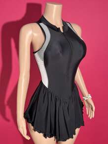 Slaydiva 2025 Spring/Summer New Bohemian Musical Festival Country Western Beach Vacation Innovative Y2K Sexy Bombshell Athletic Knit Flowy Sleeveless Stand Collar Button Front Colorblock Side Seam Princess Seam Inverted Pleat Ruffle Asymmetric Hem Swimsuit Dress