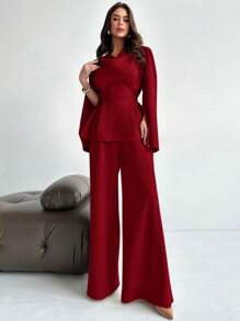 Firerie 2 件女士秋冬系带长袖衬衫上衣和美人鱼下摆半身裙套装、开叉袖衬衫套装、铅笔裙套装、优雅/通勤/日常/商务/度假/职业装