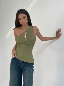 Aloruh 无袖斜领侧褶通勤时尚女式衬衫