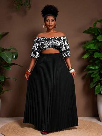 Slaydiva 大码女式花卉印花露肩荷叶边短款上衣和纯黑色半身裙两件套，优雅性感，适合约会和通勤