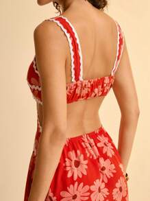 CAJUNI Lace Trim & Hollow-Out Red Beach Mini Dress For Summer Holiday - Multicolor - View 6
