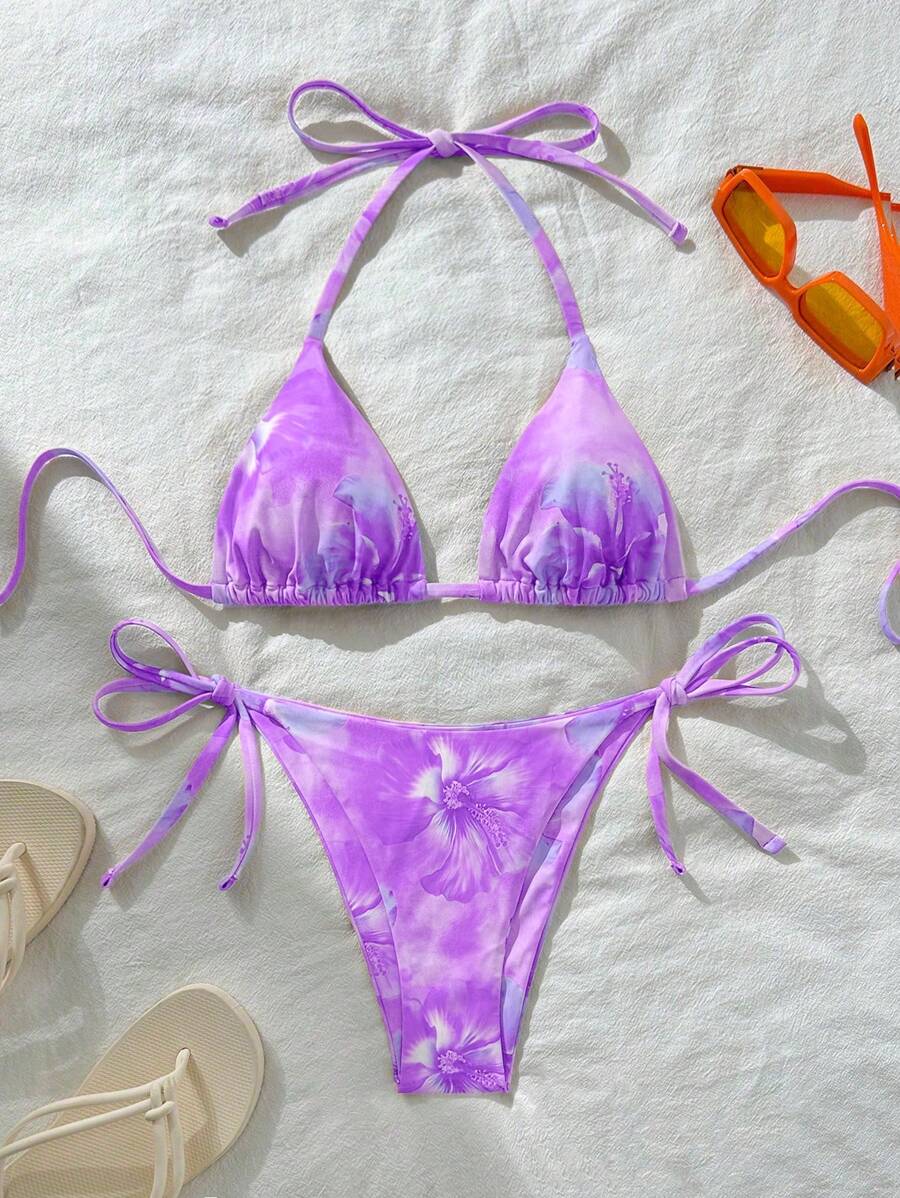 Swim Vcay Conjunto de bikini con top de atar cuello halter y estampado aleatorio, sexy para verano