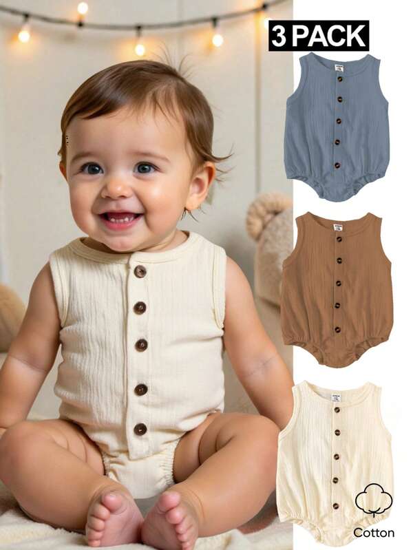 SHEIN 3 stuks/set babyjongens zomer blauwe, abrikoos, bruine pure katoenen rompertjes met drukknopen aan de voorkant, mouwloos, casual stijl geschikt voor dagelijks buitenspelen, school, vakantie, sport, bijeenkomsten