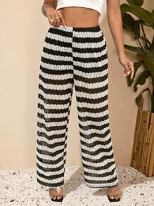 Elenzga Plus Size Contrast Color Stripe Print Elastic Waist Casual Pants Fall Cloth For Women - Multicolor - View 1