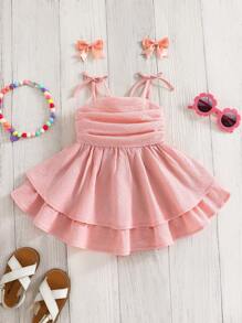 SHEIN فستان جينز عام مريح للأطفال البنات زر خلفي واسترخاء مع كشكشة على الهيمة