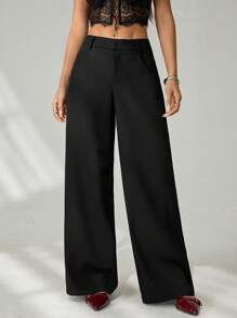 SHEIN PETITE Pantalones informales de cintura baja de color liso, moda adecuada para el verano - Negro - Ver 1