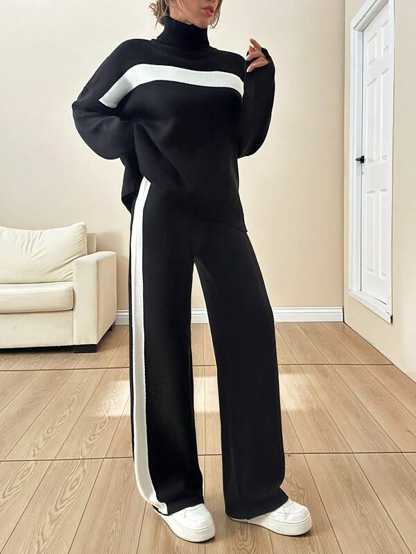 EURMUSE Women High Neck Striped Sweater And Sweater Pant Knit 2pcs Set Co-Ords Black And White Pants Set Two Piece Pants Set Women Long Sleeve Two Piece Set Black Jumpsuit With White Stripe Womens Pantsuit Black And White Jumpsuit,Winter Clothes
