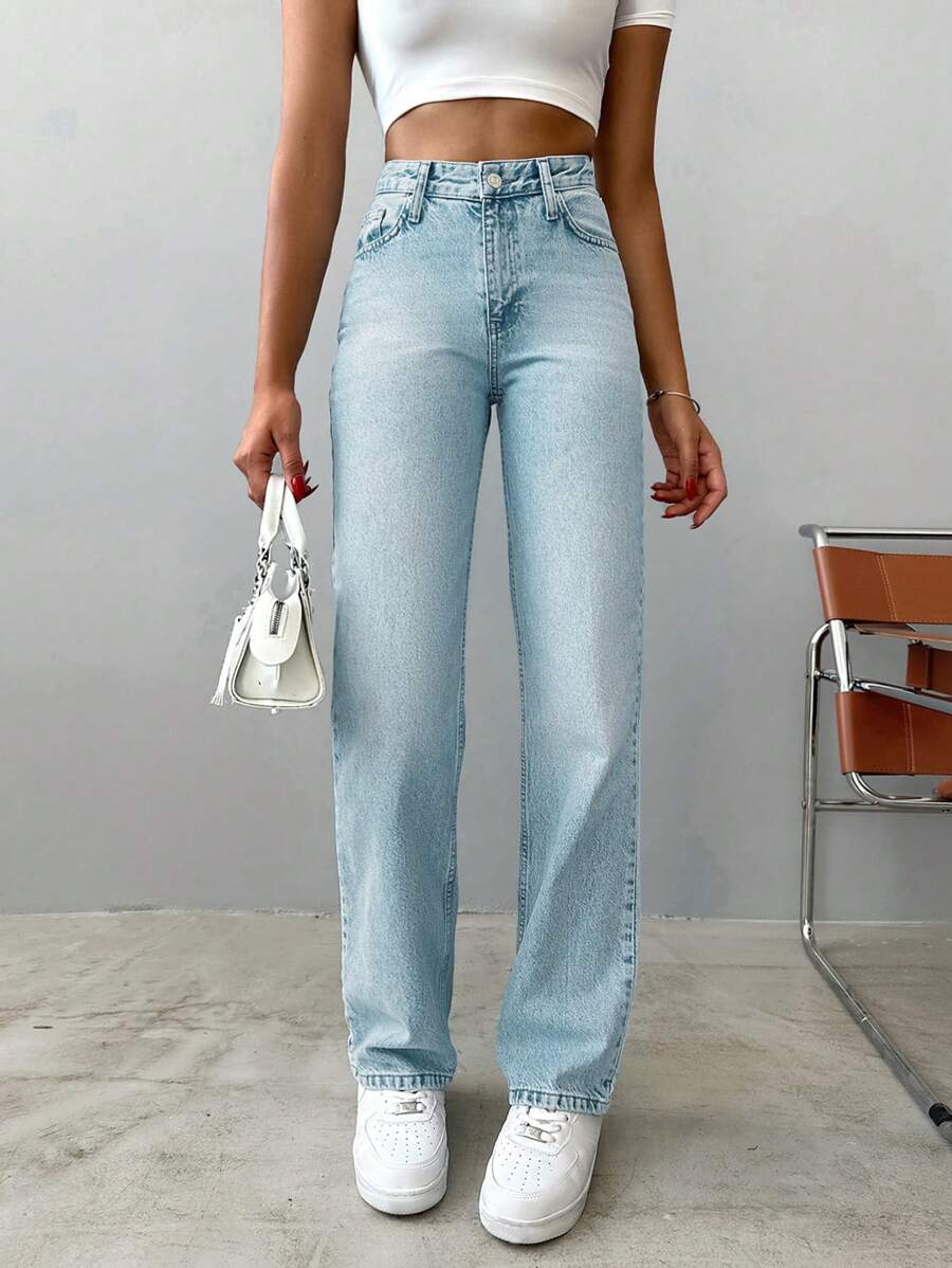 EURMUSE 100% Cotton Cạp cao dáng thẳng - Sz2306152114548898-4 - Màu xanh nhạt - Xem 1