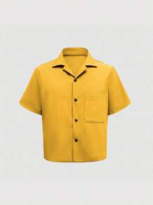 SHEIN Manfinity Dauomo Men's Simple Casual Daily Solid Color Pocket Short Sleeve Shirt - Yellow - View 5