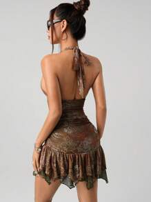 SHEIN ICON 挂脖复古拼色佩斯利印花紧身褶饰不对称下摆迷你连衣裙