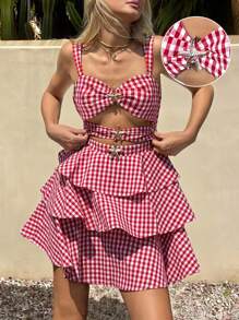 SHEIN EZwear Beach Vacation Outfits Holiday Outfits  Red Plaid Woven Hollow Out Design Slip Dress For Women - Red - View 2