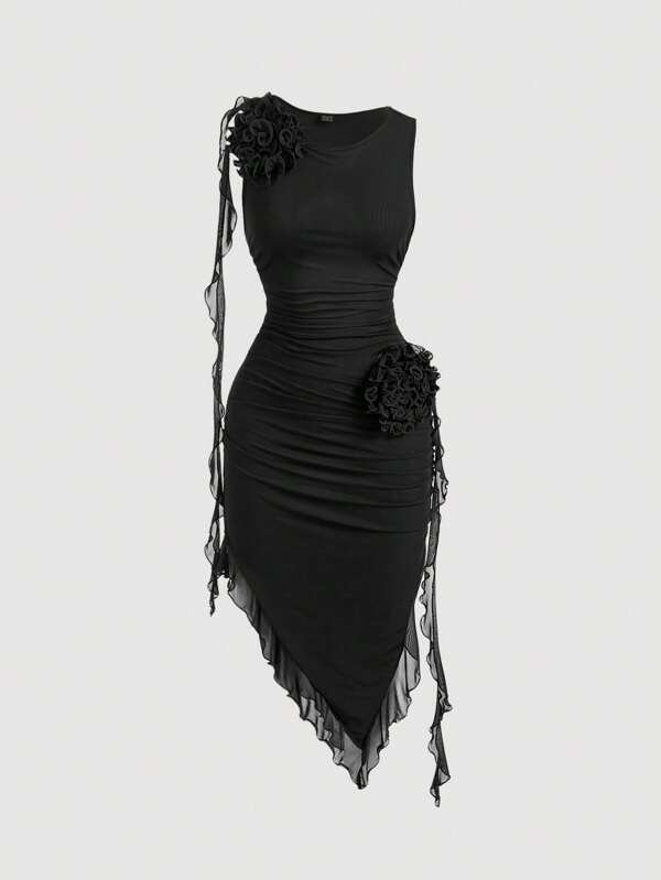 SHEIN MOD Vestido ceñido de moda para mujeres con dobladillo asimétrico, detalle de flor 3D y faja