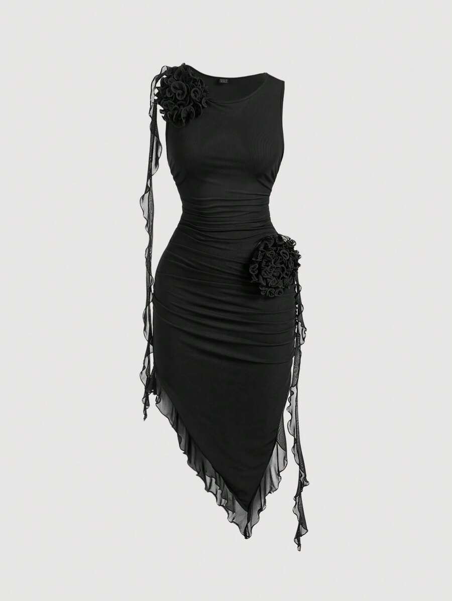 SHEIN MOD Women Fashionable Tight-Fitting Dress With Asymmetrical Hemline, 3D Flower And Sash Detail