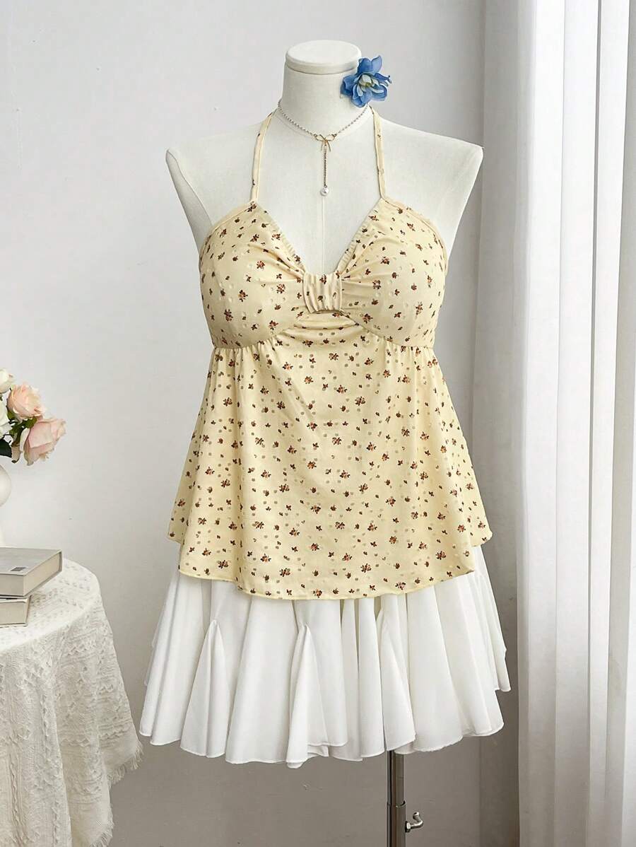 Sweetra Plus Size Floral Print Cute Sweet Comfy Camisole Tank Top, Sleeveless Summer - Yellow - View 1