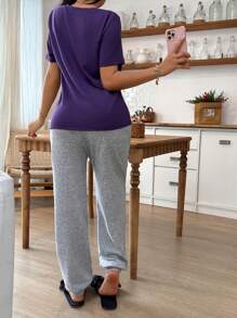 SHEIN Damen einfaches, lässiges Set aus regulärem Kurzarm T-Shirt und Sweathose mit Kordelzug als Freizeitoutfit - Violett - Übersicht 2