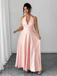 Elenzga 加大码 V 领喇叭裙，优雅浪漫的女士婚礼晚礼服，夏季蝴蝶结套装 - 粉色 - 查看 5