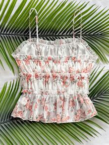 Soleia Romantic Floral Mesh Camisole Top For Vacation Floral Tank Top Floral Cami Top Smocked Floral Top Ruffle Floral Top Summer Floral Top Summer Top Smocked Top Ruffle Top Floral Ruffle Top Back To School, Back To School Season, Graduation Season Ruffle Cami Top Blouse Summer Summer Women Tops Summer Tops Summer Tops Women Strapless Top Summer Blouse Valentine's Day Outfit Ideas Smocked Cami Top - Multicolor - View 2