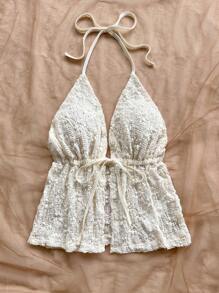 Soleia 度假性感细肩带镂空露背上衣，纹理面料，海滩，夏季，波西米亚风，度假，钩针编织，亚麻