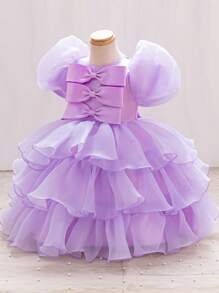 Glamorique Kids Cute Baby Purple Summer Multilayer Ruffle Cake Skirt Bubble Sleeve Princess Dress For Flower Girl,Soft Lilac Lavender Children Clothing With Belt - Mauve Purple - View 3