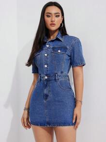 SHEIN Plus Size Women's Denim Button Half Placket Short Sleeve Pocketed Casual Dress - Blue - View 3