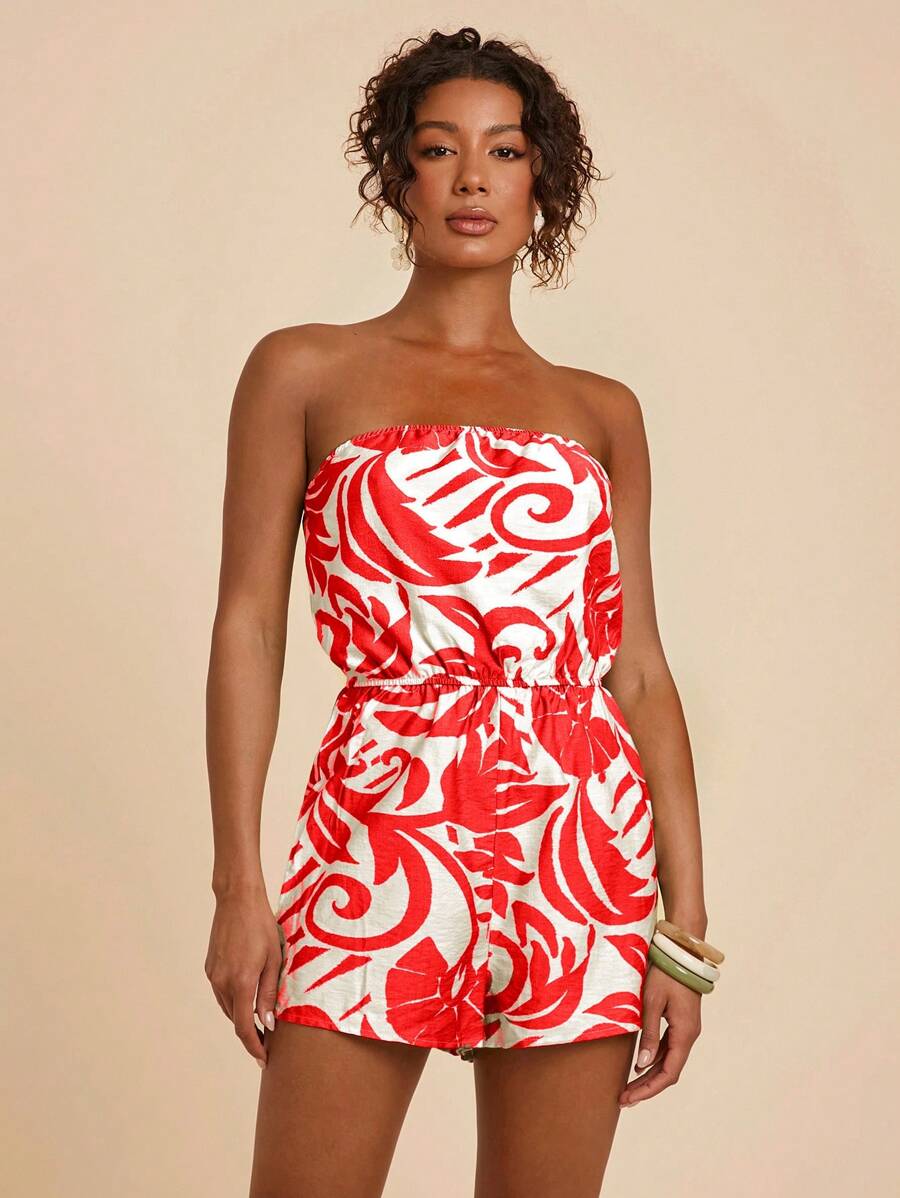 Travachic 女士热带植物印花抹胸连体衣，女士夏季服装，女士度假服装，沙滩装，复活节，女士沙滩装 - 紅白色 - 查看 1