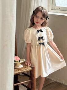 LMoss Kids LMoss Young Girl Woven Solid Color Round Neck Puff Sleeve Fitted Dress - Apricot - View 3
