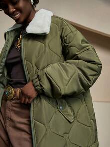 Bóhologie Woman Solid Color Woven Padded Insulated Winter Coat Jacket Contrast Fur Neck Regular Length Casual Winter Clothing - Army Green - View 4