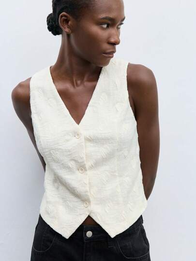 Maija 女士杏色夏季纯色女士办公室服装，简约时尚通勤舒适办公室，V 领前扣商务休闲背心，女士职业装夏季，外出上衣女士工作女士短款上衣女士外出上衣女士外出上衣女士背心背心衬衫亚麻上衣女士夏季工作上衣秋冬女士低胸上衣