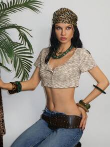 EgrlEra Women's Marled Knit Button-Up Cropped T-Shirt, Summer