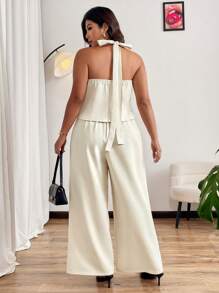 Elenzga Plus Size Waist Cinching Bodycon Spaghetti Strap Sleeveless Top + Wide Leg Pants Casual Commute Elegant Outfit For Outing, Party, Vacation, 2 Pieces Set - Apricot - View 2