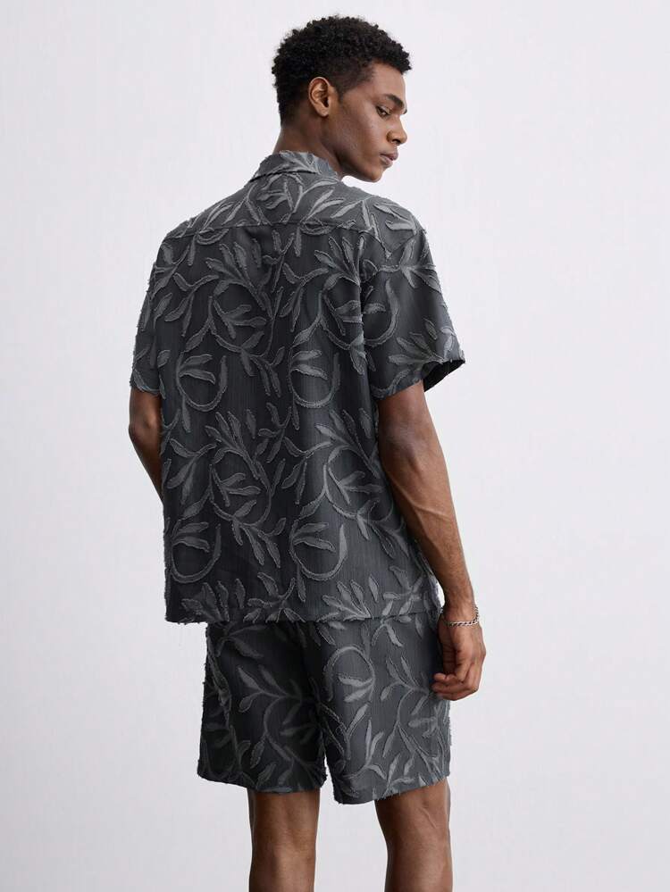 SHEIN Maija 2pcs/Set 2025 Spring & Summer New Cut-Out Fabric Lapel Cardigan Short Sleeve Shirt And Drawstring Waist Shorts Men Suit, Daily Fashion Business Casual Beach Vacation Romantic Party Outfit Suitable For Independence Day, Mother's Day, Music Festival, Graduation, Hawaiian