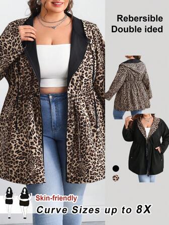 SHEIN CURVE+ 大码女式豹纹双面连帽夹克外套，秋夏/乡村/海滩度假装/沙滩装/沙滩装