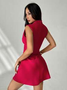 SHEIN PETITE Women's Elegant Simple Exquisite Romantic Sweet Daily Commute Wedding Party Music Festival Vacation Pleated A-Line Mini Dress, Red Halter Top Party Dresses For Women Women Formal,Club Outfits Women Sexy - Red - View 2