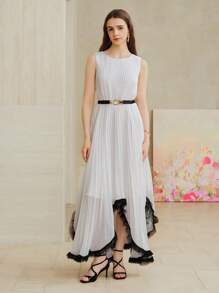 MOTF PREMIUM CHIFFON BELTED ASYMMETRICAL CONTRAST TRIM PLEATED DRESS - White - View 5