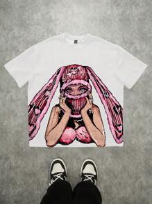 Manfinity EMRG Camiseta oversize de estilo callejero con gráfico de chica conejo en el frente y la espalda (cuello ancho)