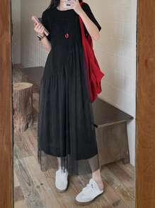 DAZY Abito midi casual a maniche corte con arricciature, girocollo, senza stampe, estivo, da donna