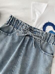 Sparklyn Tween Girl 浅蓝色棉质牛仔荷叶边腰裙，2 个前口袋，朴素的波西米亚休闲风格，春夏季女孩必备百搭牛仔单品