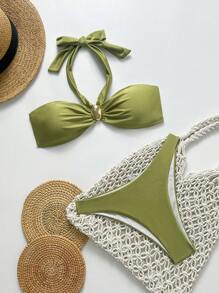 SHEIN Swim 女士休闲金属色纯色露背前扣泳衣套装，适合海滩和度假 - 綠色 - 查看 1