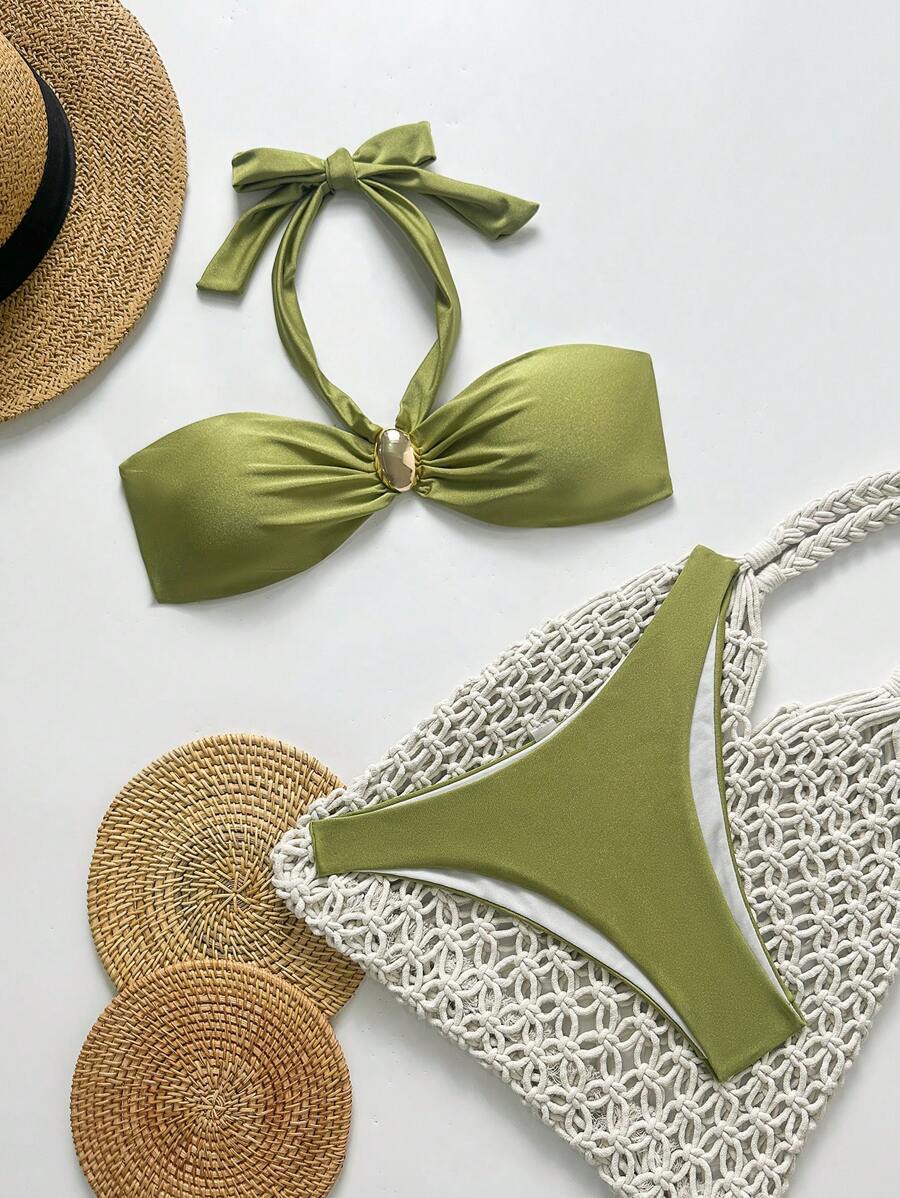 SHEIN Swim 女士休闲金属色纯色露背前扣泳衣套装,适合海滩和度假 - 綠色 - 查看 1