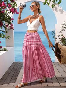 Vivid Eden 夏季户外度假约会裙，女式松紧腰身宽松波西米亚度假印花长裙，夏季度假沙滩裙，返校季，非常简单，办公室，老钱，老师，约会，圣约翰，毕业季，独立日，夏季婚礼郊游姐妹下午茶派对节日中长裙 - 粉色 - 查看 5